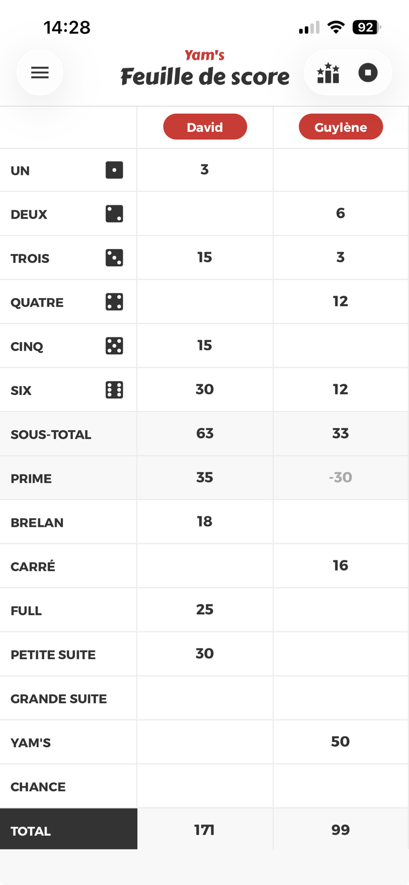 La feuille de score avec deux joueurs, sous-totaux, prime et totaux
