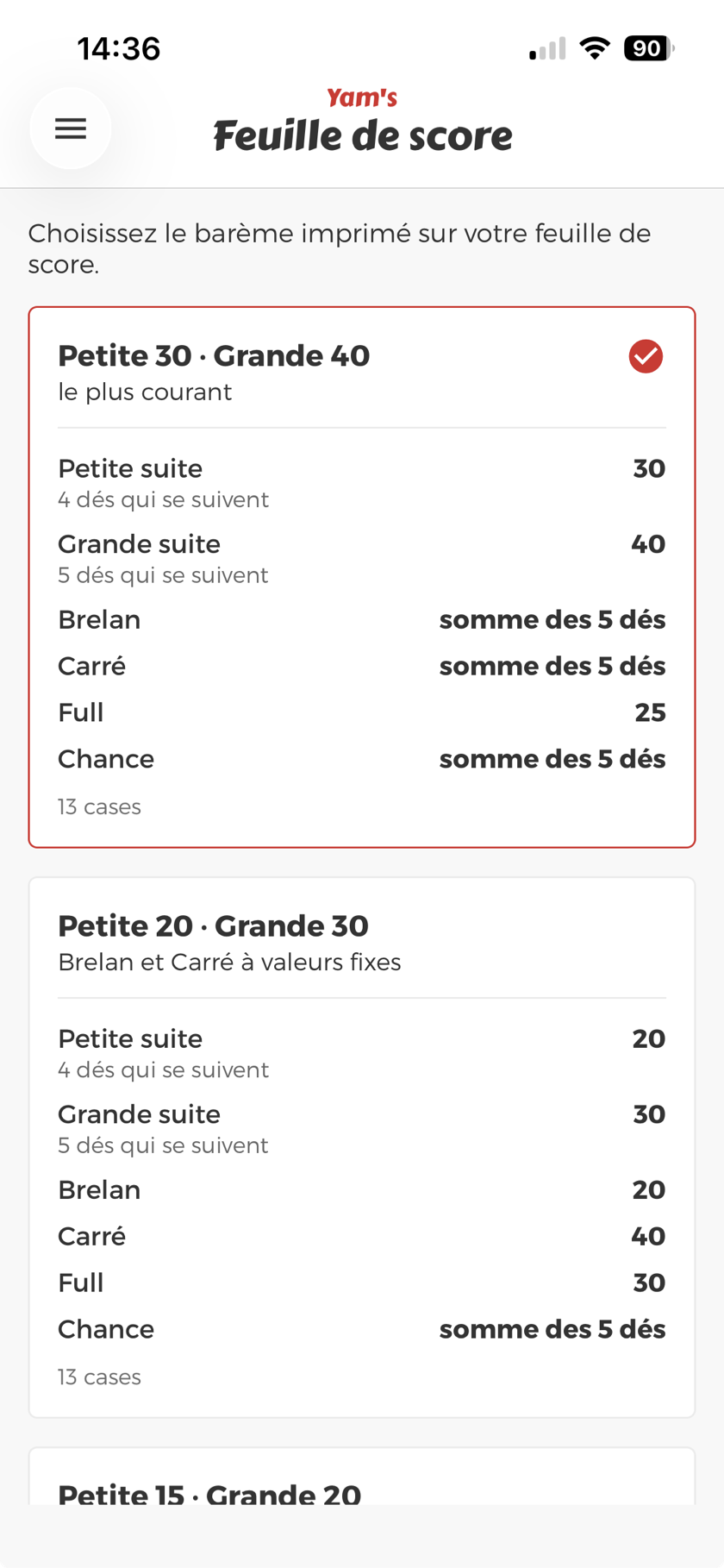 Écran de choix du barème, avec les cartes des barèmes disponibles